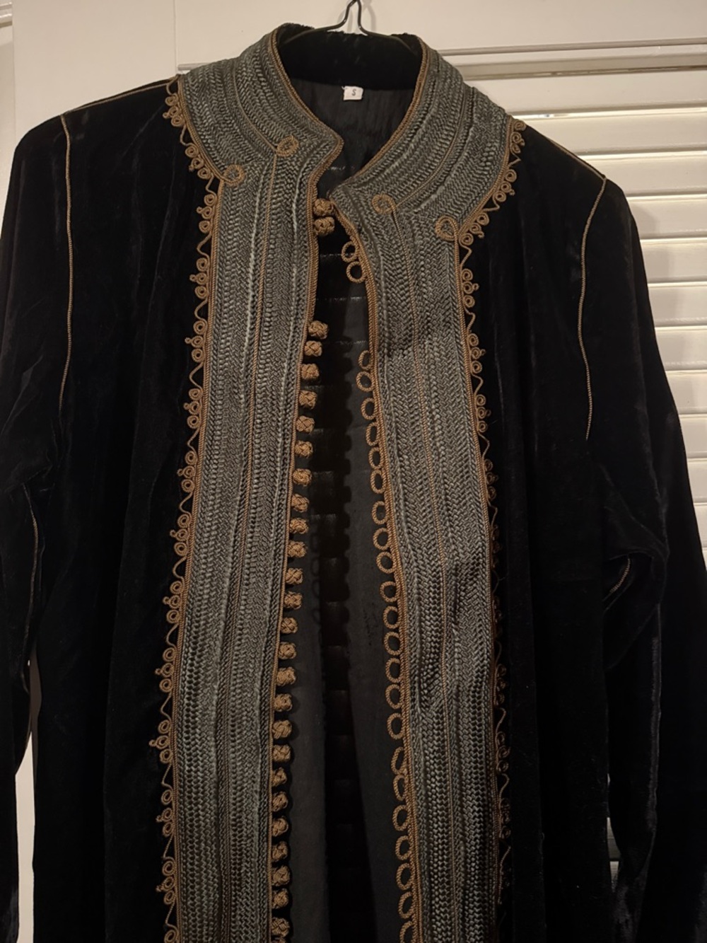 Black Velvet Long Coat with Ornate Gold-Tone Trim - Picture 2 of 16
